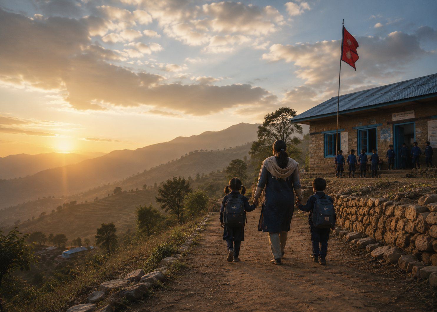 Children walking to school in the hills of Nepal